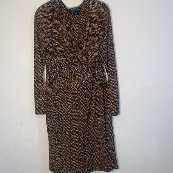 Lauren Ralph Lauren 8 animal stretchy twisted faux wrap long sleeve dress midi - Picture 1 of 9